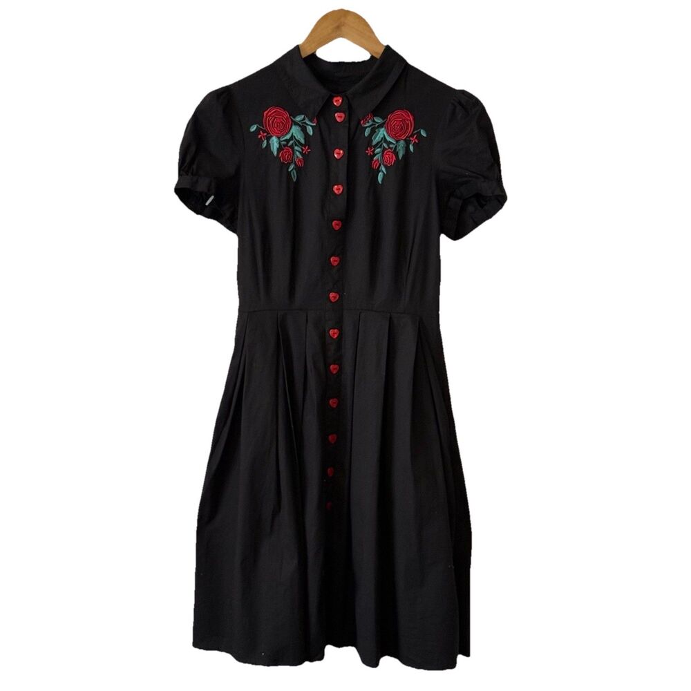 Hell Bunny Vintage Style Rose Embroidered Heart Button Pin Up Black Dress XS